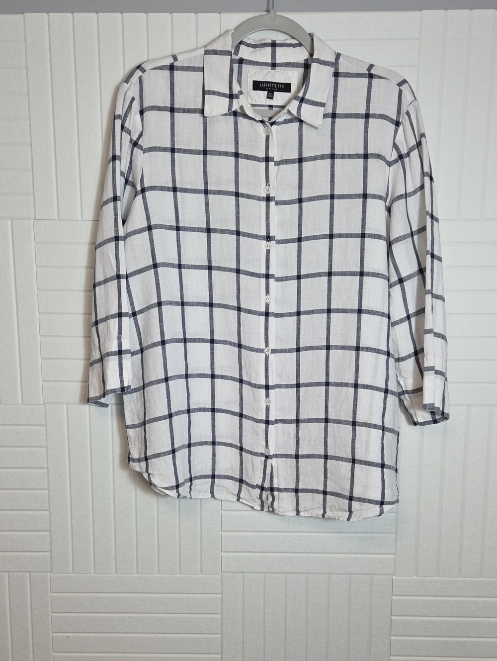 Lafayette 148 White, Blue Checkered 3/4 Sleeve Linen Button Down Collared Shirt